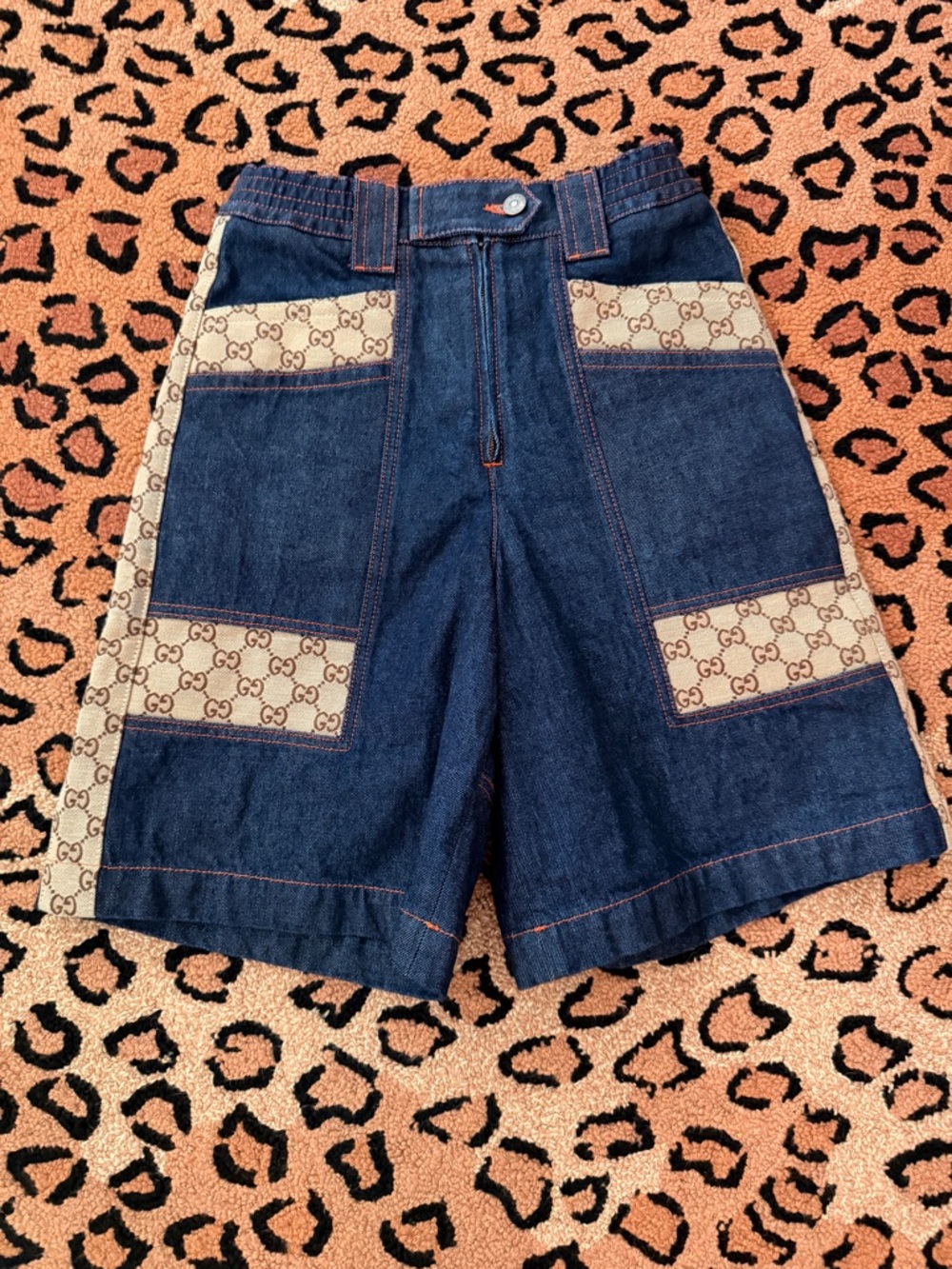 Gucci Denim Shorts with Beige Monogram Panels Size 36